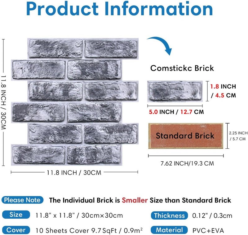 COMSTICKC 3D Faux Brick Wall Panels Peel and Stick,10 Pcs of 12"X12",Small Size Thin PVC Whitewash Black Brick Self Adhesive Fake Brick Backsplash Kitchen Living Room Fireplace Surround Interior Decor - Image 4